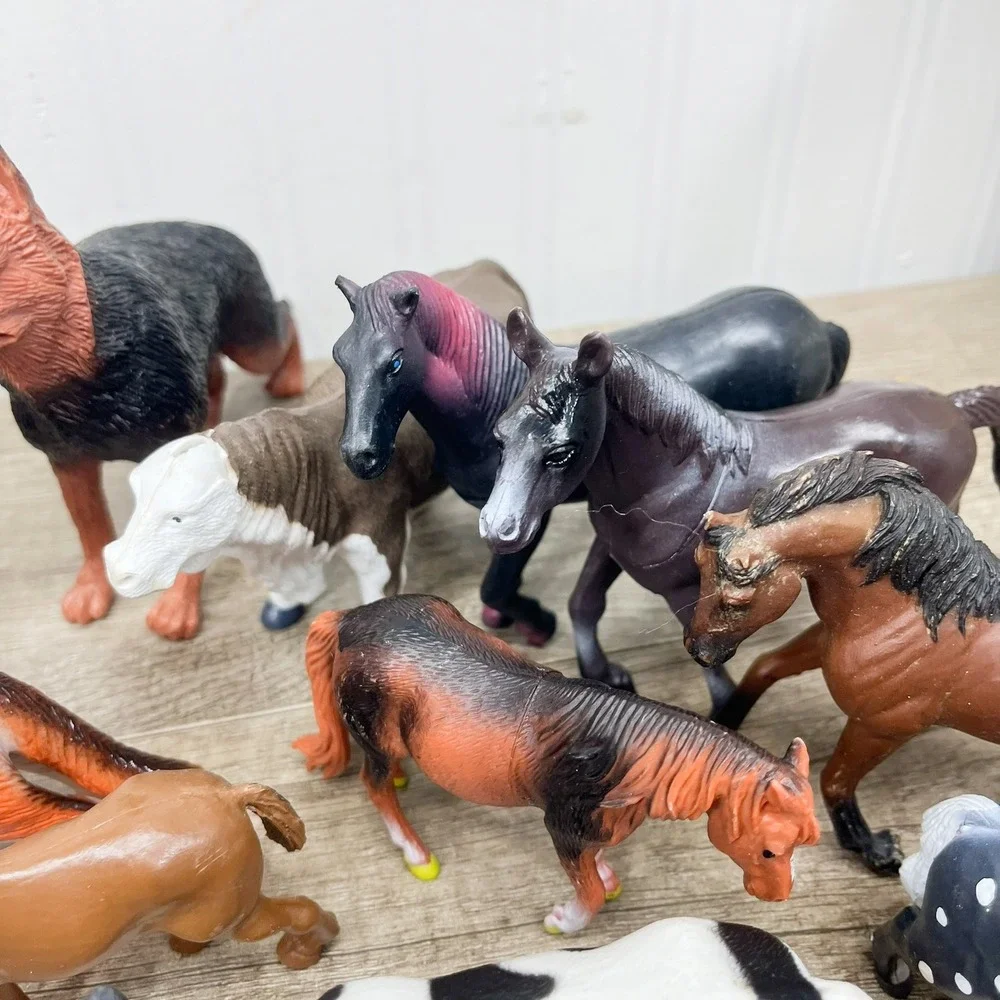 Vintage Safari Ltd Farm Animal Figurine Lot Horses Cows Pigs Dogs 19pc Mixed Set